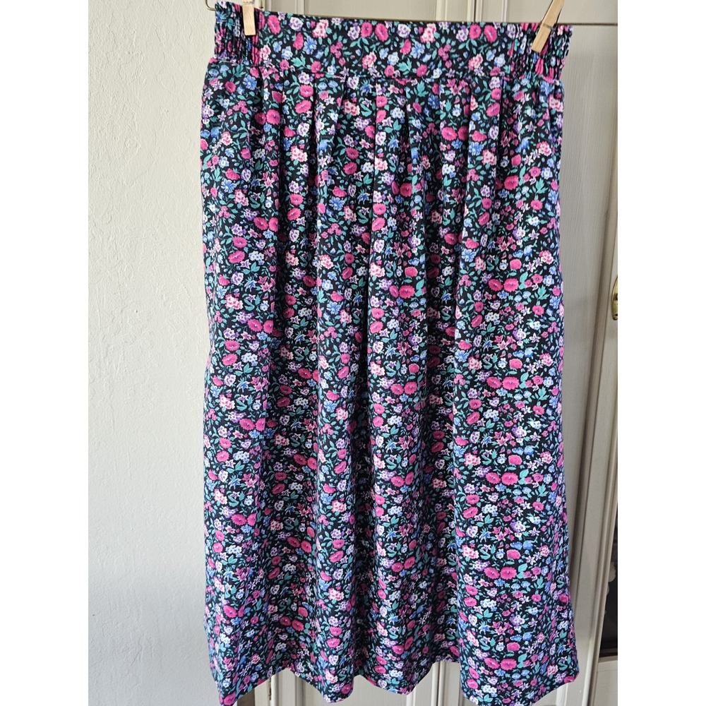 Vintage Floral Midi Skirt in Navy with Pink & Teal Flowers size small